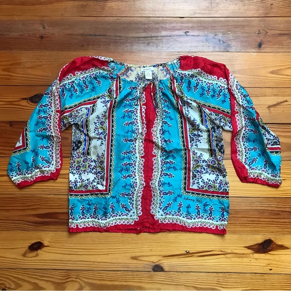 Johnny Was Tops - Johnny Was Sundance Red Blue Beige Silk 3/4 Peasant Top, EUC, S